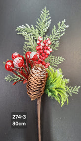 Crenguță artificială de Crăciun cu con și bobițe roșii – 30cm 10/set